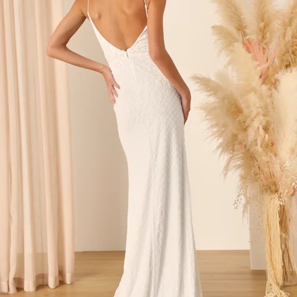 Lulus Cherished Vow White Beaded Backless Mermaid Maxi Dress - Size L - Picture 4 of 4